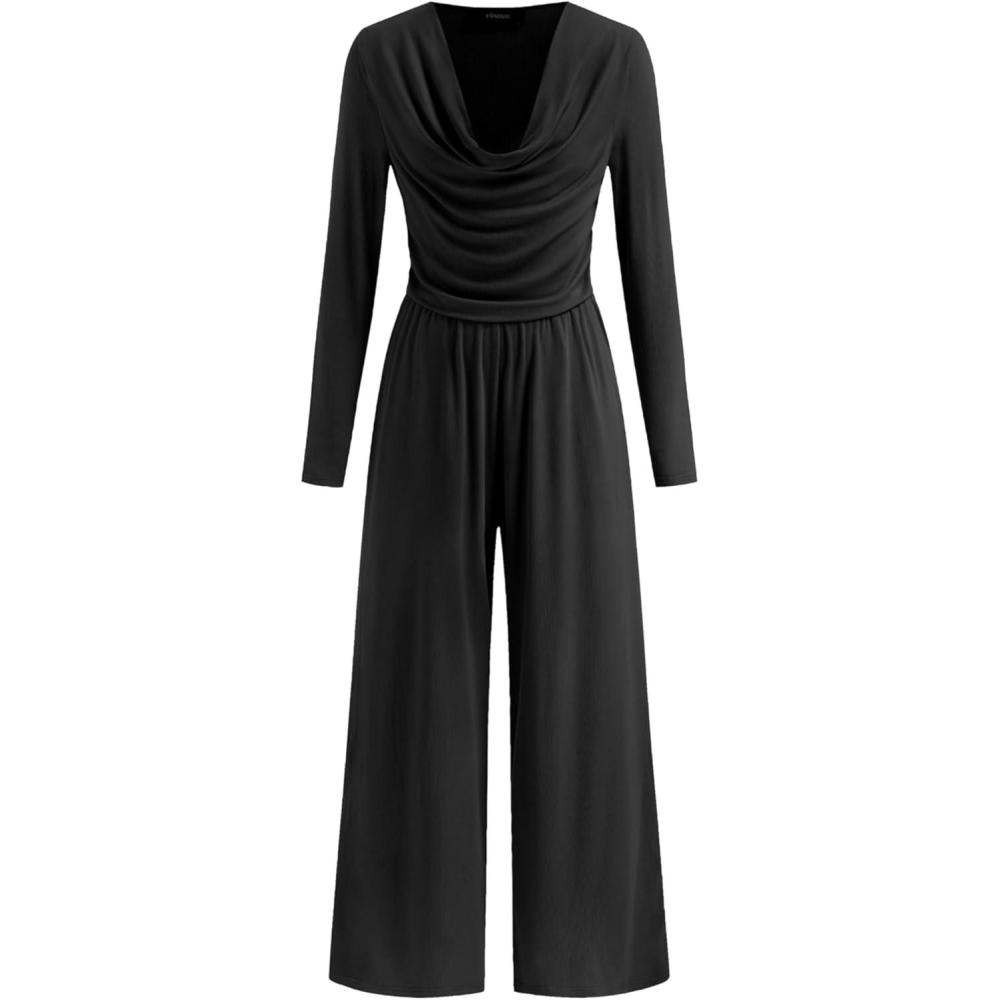 imageVinova Women HighStretch Solid Cowl Neck Long Sleeves Casual Wide Leg JumpsuitsBlack