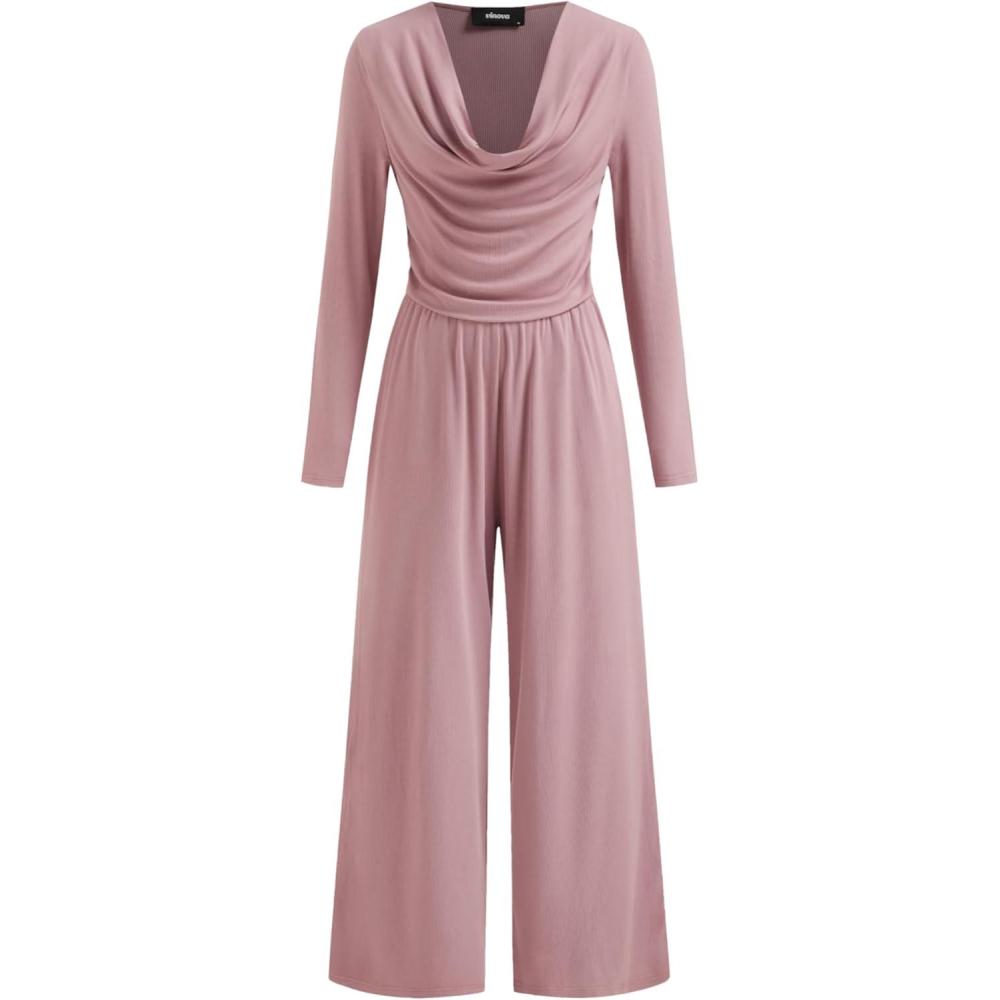 imageVinova Women HighStretch Solid Cowl Neck Long Sleeves Casual Wide Leg JumpsuitsPink