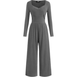 Vinova Long Sleeve Square Neck High Stretch Casual Going Out Jumpsuits with Lace Trim(Grey)