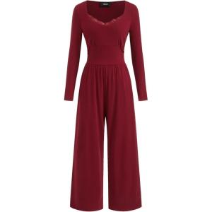 Vinova Long Sleeve Square Neck High Stretch Casual Going Out Jumpsuits with Lace Trim(Wine)