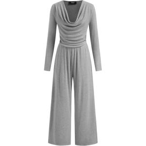 Vinova Women High-Stretch Solid Cowl Neck Long Sleeves Casual Wide Leg Jumpsuits(Dark Grey)