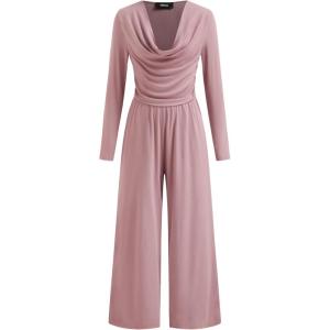 Vinova Women High-Stretch Solid Cowl Neck Long Sleeves Casual Wide Leg Jumpsuits(Pink)
