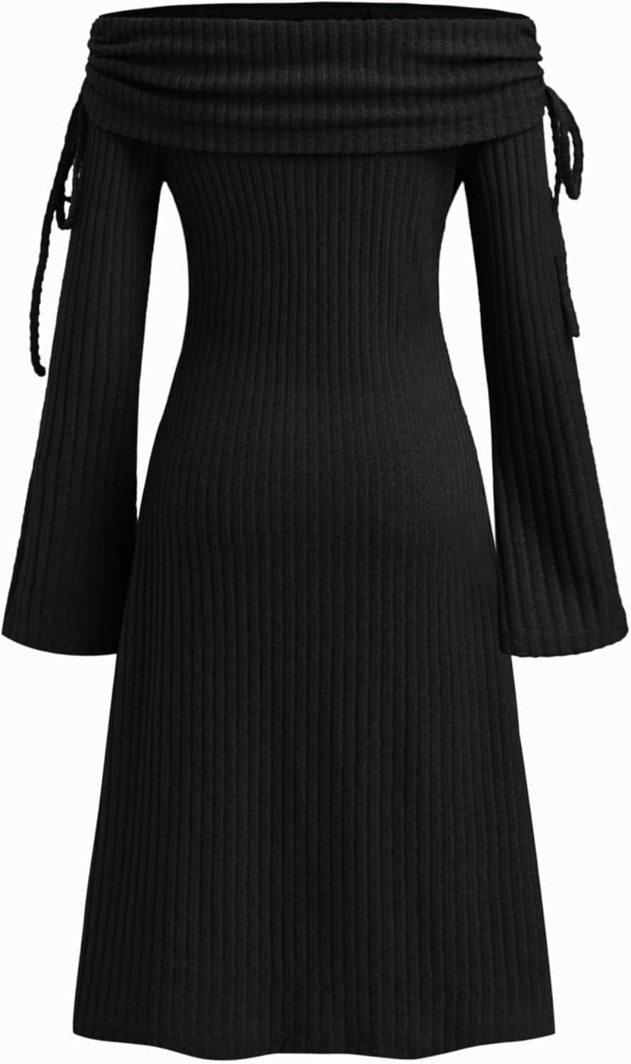 imageVinova Off Shoulder Knit Dress Long Sleeve Tie Detail Midi DressBlack