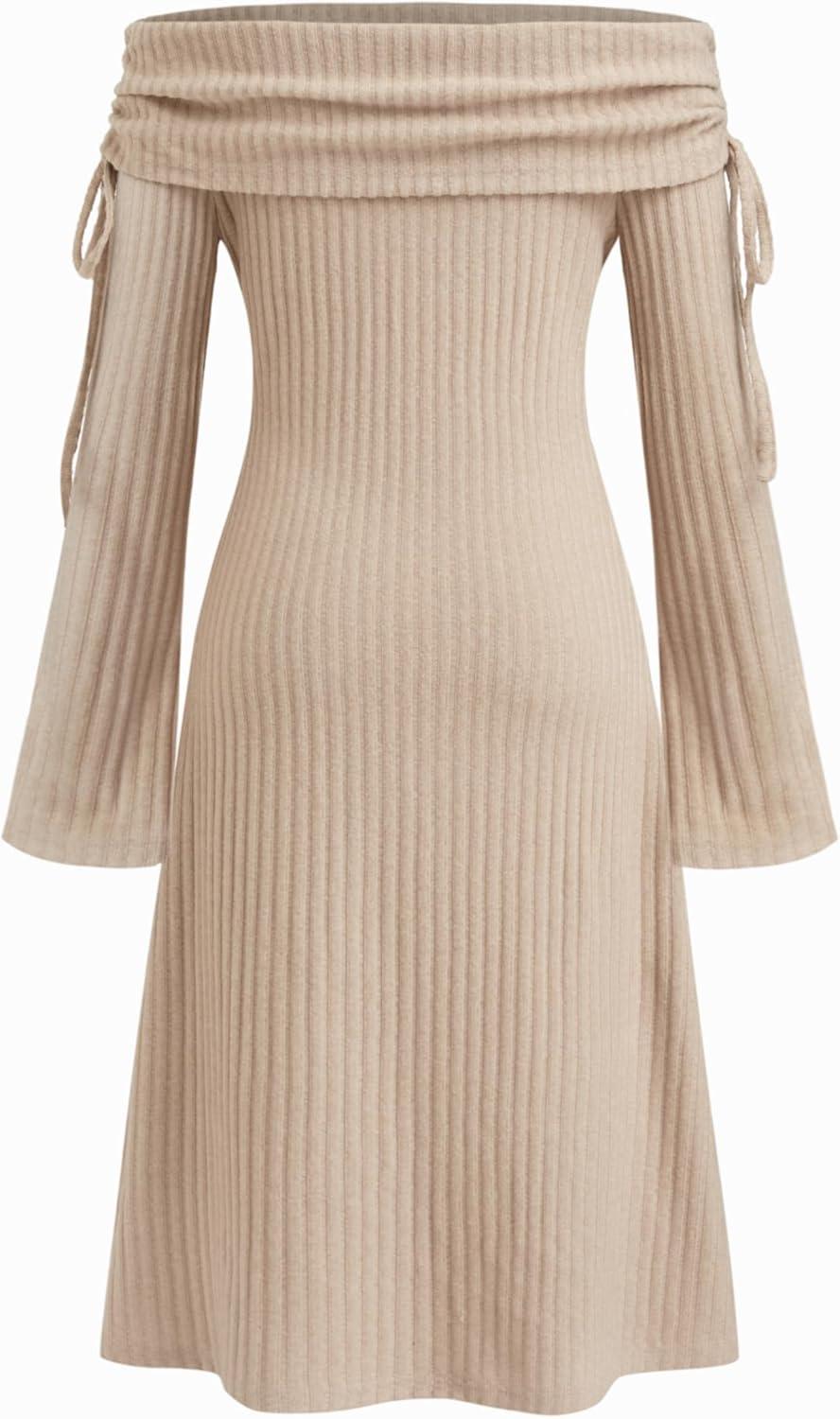 imageVinova Off Shoulder Knit Dress Long Sleeve Tie Detail Midi DressKhaki