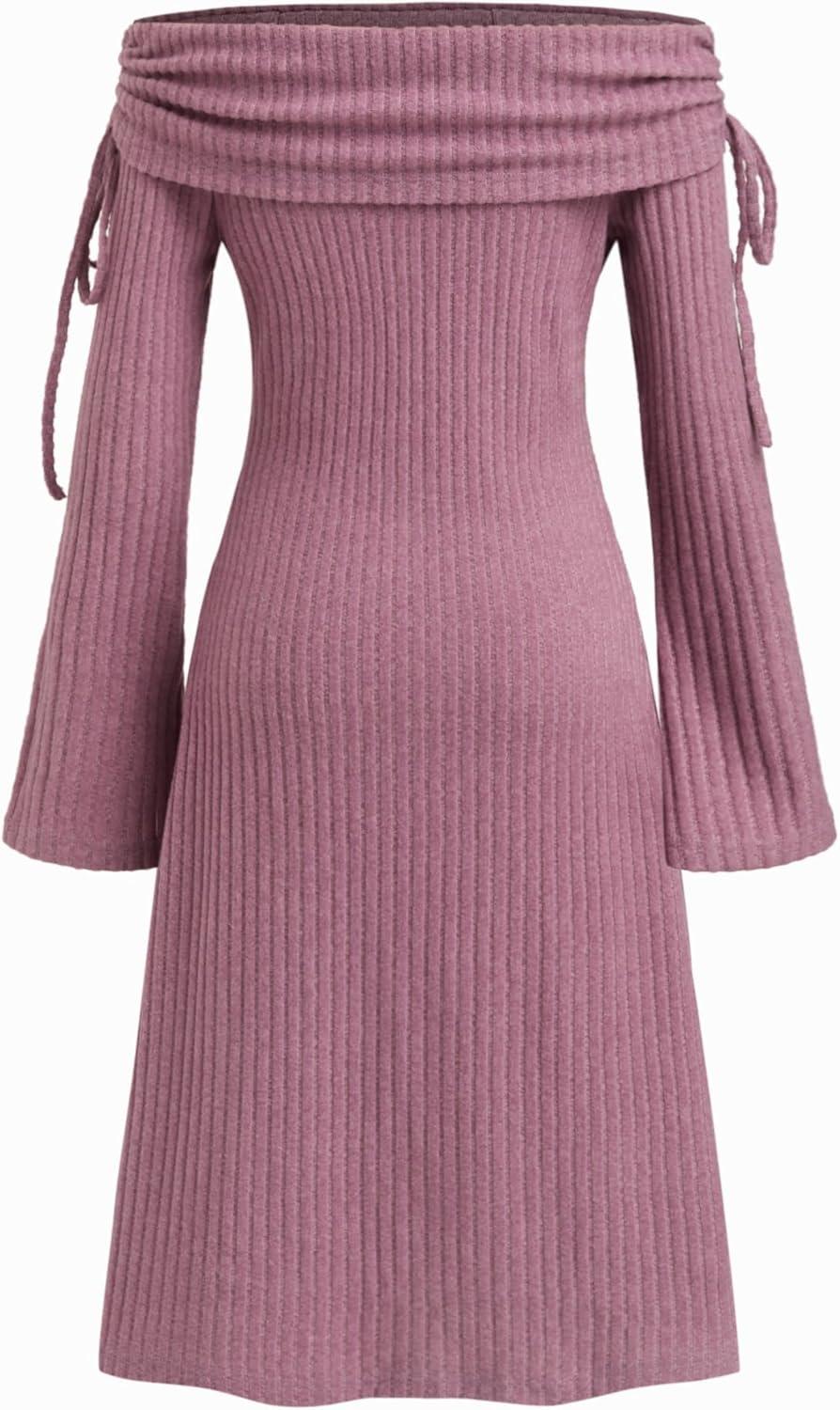 imageVinova Off Shoulder Knit Dress Long Sleeve Tie Detail Midi DressPink