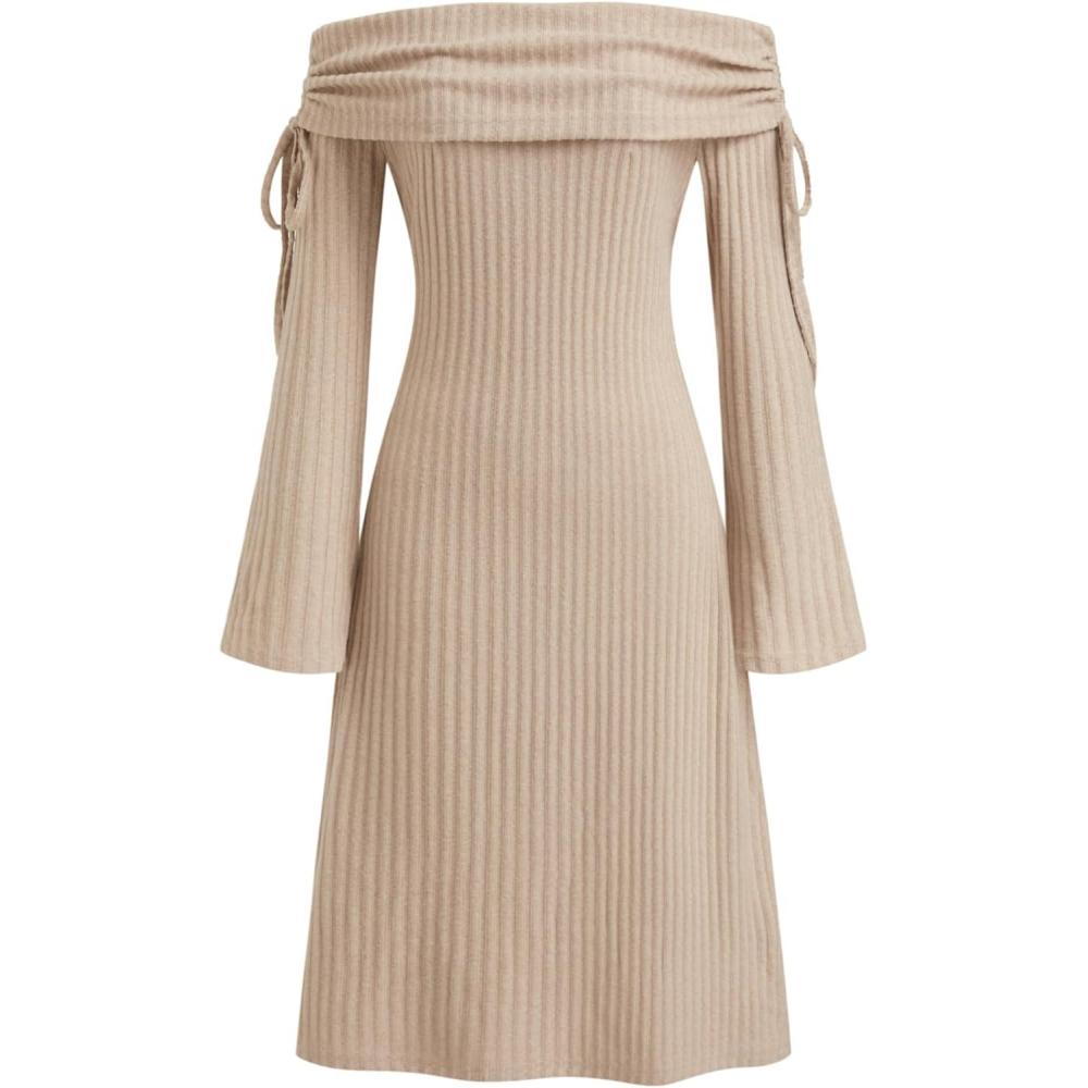 imageVinova Off Shoulder Knit Dress Long Sleeve Tie Detail Midi DressKhaki