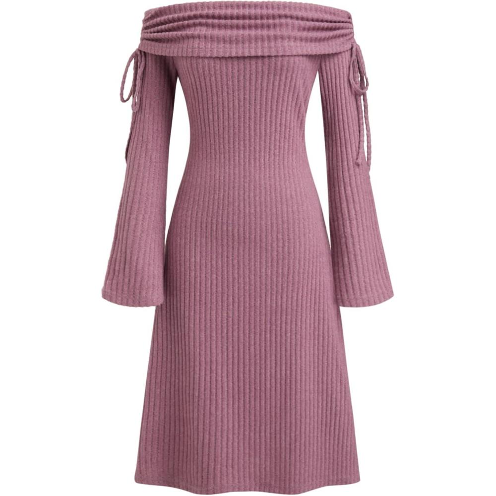 imageVinova Off Shoulder Knit Dress Long Sleeve Tie Detail Midi DressPink
