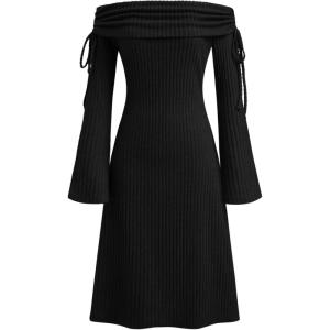 Vinova Off Shoulder Knit Dress Long Sleeve Tie Detail Midi Dress(Black)