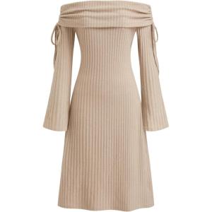Vinova Off Shoulder Knit Dress Long Sleeve Tie Detail Midi Dress(Khaki)