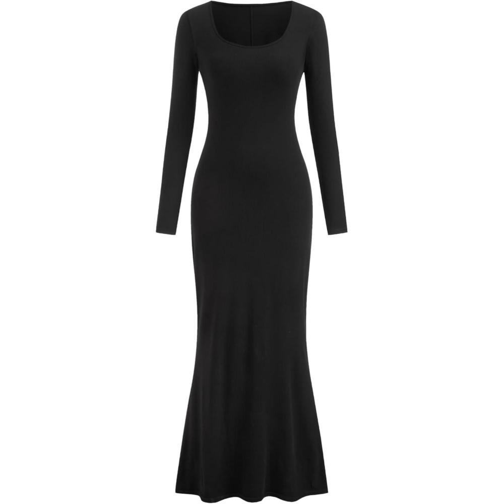imageVinova Womens Long Sleeve Maxi Dress Bodycon Ribbed Knit DressBlack