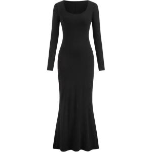 Vinova Womens Long Sleeve Maxi Dress Bodycon Ribbed Knit Dress(Black)