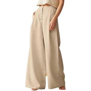 SHEKINI Pantalon Femme en Lin Jambe Droite Palazzo Pantalon Taille Haute Décontractés Travail Pantalon Plissé Devant Vintage Pantalon avec Poches et Boutons S-5XL(Beige)
