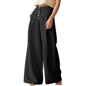 SHEKINI Pantalon Femme en Lin Jambe Droite Palazzo Pantalon Taille Haute Décontractés Travail Pantalon Plissé Devant Vintage Pantalon avec Poches et Boutons S-5XL(Noir)