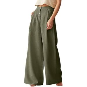 SHEKINI Pantalon Femme en Lin Jambe Droite Palazzo Pantalon Taille Haute Décontractés Travail Pantalon Plissé Devant Vintage Pantalon avec Poches et Boutons S-5XL(Vert)