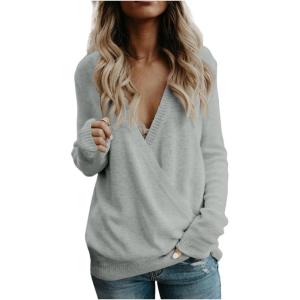 Générique Pull Femme col v Plongeant Sexy Pull Cache Coeur Manche Longue Thermal Pull Chic et Elegant Hiver Chaud Long Pullover tricoté Jersey Doux et Confortable decontracté Couleur Unie Ideal(Gris)