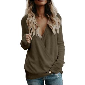 Générique Pull Femme col v Plongeant Sexy Pull Cache Coeur Manche Longue Thermal Pull Chic et Elegant Hiver Chaud Long Pullover tricoté Jersey Doux et Confortable decontracté Couleur Unie Ideal(Café)