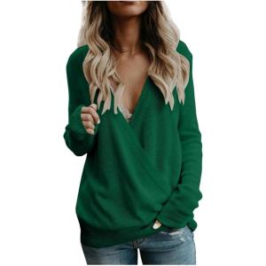 Générique Pull Femme col v Plongeant Sexy Pull Cache Coeur Manche Longue Thermal Pull Chic et Elegant Hiver Chaud Long Pullover tricoté Jersey Doux et Confortable decontracté Couleur Unie Ideal(Vert)