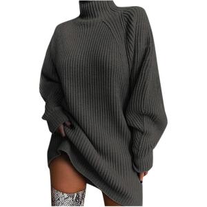 Pull Femme Élégant Curvy Long Pull Robe D&rsquo;hiver Chandails Col rond D&rsquo;hiver Surdimensionné Robe Pull Col roulé Slim Fit Mode Sweatshirt Chaud Décontracté Haut Tricoté Couleur Unie(2 – Gris Foncé)