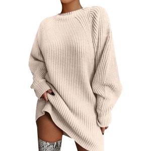 Pull Femme Élégant Curvy Long Pull Robe D&rsquo;hiver Chandails Col rond D&rsquo;hiver Surdimensionné Robe Pull Col roulé Slim Fit Mode Sweatshirt Chaud Décontracté Haut Tricoté Couleur Unie(Beige)
