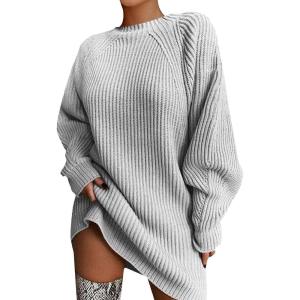 Pull Femme Élégant Curvy Long Pull Robe D&rsquo;hiver Chandails Col rond D&rsquo;hiver Surdimensionné Robe Pull Col roulé Slim Fit Mode Sweatshirt Chaud Décontracté Haut Tricoté Couleur Unie(Gris)