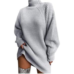 Pull Femme Élégant Curvy Long Pull Robe D&rsquo;hiver Chandails Col rond D&rsquo;hiver Surdimensionné Robe Pull Col roulé Slim Fit Mode Sweatshirt Chaud Décontracté Haut Tricoté Couleur Unie(2-gris.)