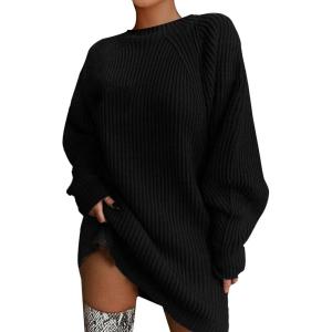 Pull Femme Élégant Curvy Long Pull Robe D&rsquo;hiver Chandails Col rond D&rsquo;hiver Surdimensionné Robe Pull Col roulé Slim Fit Mode Sweatshirt Chaud Décontracté Haut Tricoté Couleur Unie(Noir)