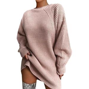 Pull Femme Élégant Curvy Long Pull Robe D&rsquo;hiver Chandails Col rond D&rsquo;hiver Surdimensionné Robe Pull Col roulé Slim Fit Mode Sweatshirt Chaud Décontracté Haut Tricoté Couleur Unie(Rose)