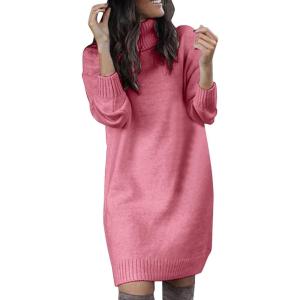 Pull Femme Élégant Curvy Long Pull Robe D&rsquo;hiver Chandails Col rond D&rsquo;hiver Surdimensionné Robe Pull Col roulé Slim Fit Mode Sweatshirt Chaud Décontracté Haut Tricoté Couleur Unie(3 Roses)