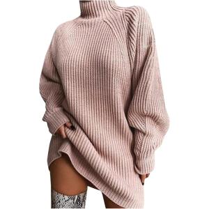 Pull Femme Élégant Curvy Long Pull Robe D&rsquo;hiver Chandails Col rond D&rsquo;hiver Surdimensionné Robe Pull Col roulé Slim Fit Mode Sweatshirt Chaud Décontracté Haut Tricoté Couleur Unie(2 Roses)