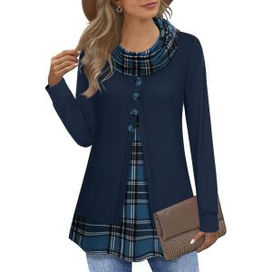 Tunique à manches longues élégante 2 en 1 pour femme – Pull long – Col châle – Patchwork(Bleu/Carreaux)