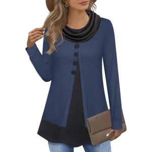 Tunique à manches longues élégante 2 en 1 pour femme – Pull long – Col châle – Patchwork(Bleu/Gris)