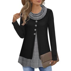 Tunique à manches longues élégante 2 en 1 pour femme – Pull long – Col châle – Patchwork(Pied-de-poule Noir)