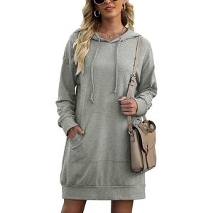 Litherday Robe Sweat Femme Long à Capuche Hiver Longue Pull avec Poche Robes Casual(Gris Foncé)