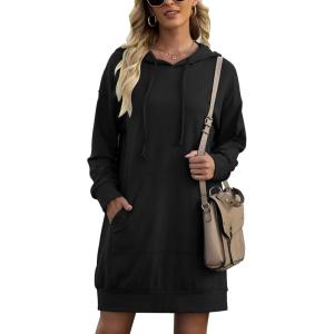 Litherday Robe Sweat Femme Long à Capuche Hiver Longue Pull avec Poche Robes Casual(Noir)