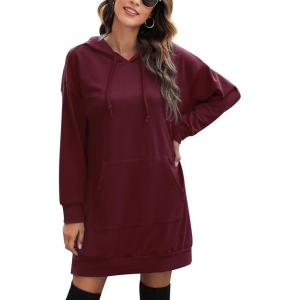 Litherday Robe Sweat Femme Long à Capuche Hiver Longue Pull avec Poche Robes Casual(Rouge Bordeaux)
