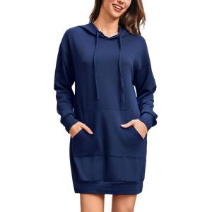 Robe Sweats à Capuche Femme Sweat Long Hoodie Hiver Pull Robes avec Poche Long Robes Casual Manches Longues(Bleu)