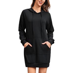 Robe Sweats à Capuche Femme Sweat Long Hoodie Hiver Pull Robes avec Poche Long Robes Casual Manches Longues(C-noir)