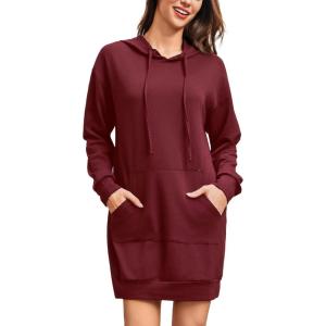 Robe Sweats à Capuche Femme Sweat Long Hoodie Hiver Pull Robes avec Poche Long Robes Casual Manches Longues(Rouge Bordeaux)