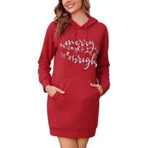 Robe Sweats à Capuche Femme Sweat Long Hoodie Hiver Pull Robes avec Poche Long Robes Casual Manches Longues(Rouge_e)