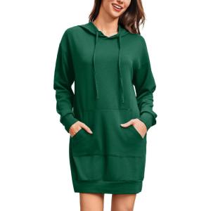 Robe Sweats à Capuche Femme Sweat Long Hoodie Hiver Pull Robes avec Poche Long Robes Casual Manches Longues(Vert Sombre)