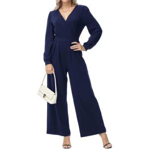 Combinaison longue pour femme – Manches longues – Col en V – Élégante – Jambes larges – Avec poches(Bleu marine QF33)