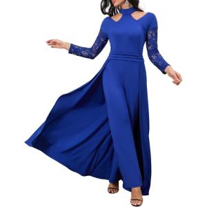 IWFEV Combinaison à manches longues en dentelle unie pour femme – Taille haute(Bleu)
