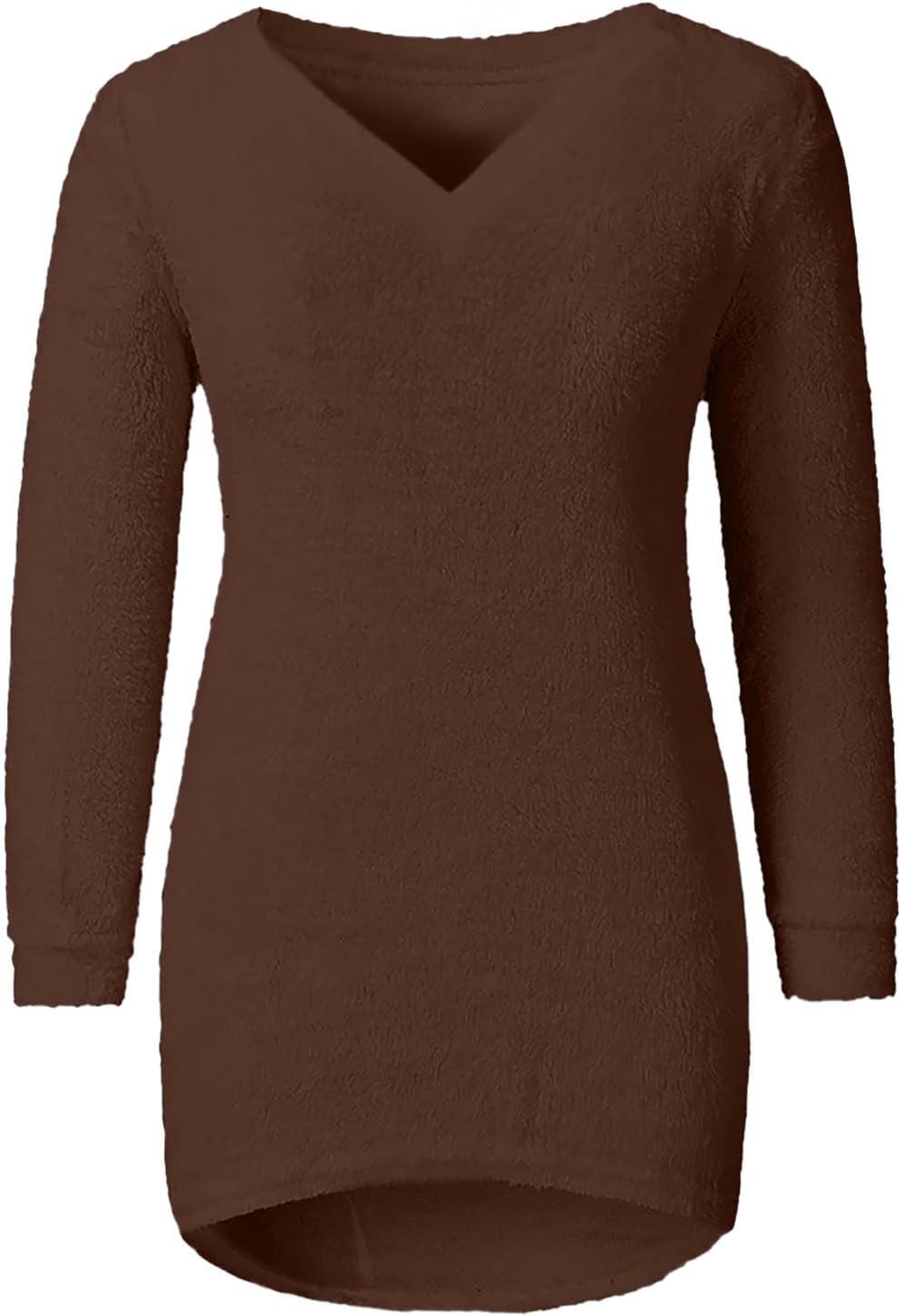 image:imagePull Femme Hiver Long Polaire Pull Col V Automne lgant Mode Couleur Unie Pulls Manches Longues Pulls Curvy Pull Dcontract Sweater Confortable Chaud Pullover JumpersCaf