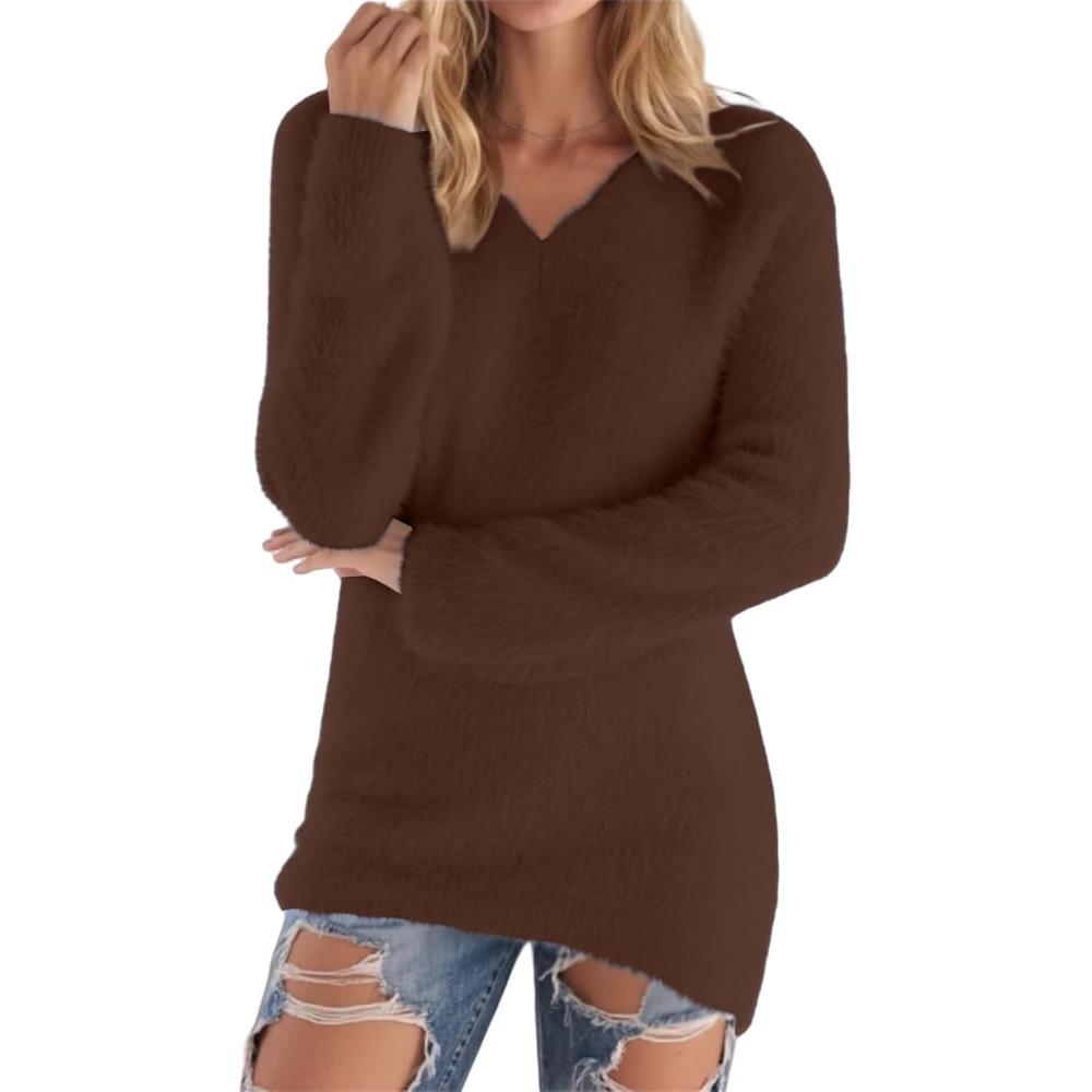 image:imagePull Femme Hiver Long Polaire Pull Col V Automne lgant Mode Couleur Unie Pulls Manches Longues Pulls Curvy Pull Dcontract Sweater Confortable Chaud Pullover JumpersCaf