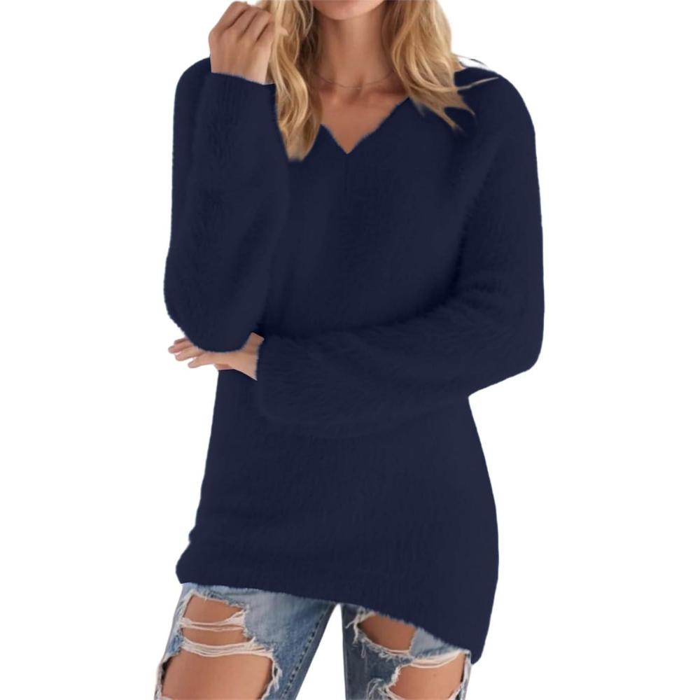 image:imagePull Femme Hiver Long Polaire Pull Col V Automne lgant Mode Couleur Unie Pulls Manches Longues Pulls Curvy Pull Dcontract Sweater Confortable Chaud Pullover JumpersDe la Marine