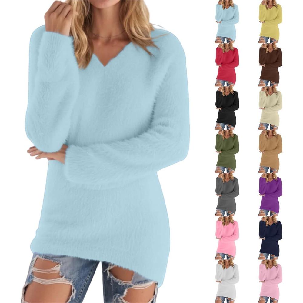 image:imagePull Femme Hiver Long Polaire Pull Col V Automne lgant Mode Couleur Unie Pulls Manches Longues Pulls Curvy Pull Dcontract Sweater Confortable Chaud Pullover JumpersBleu Ciel