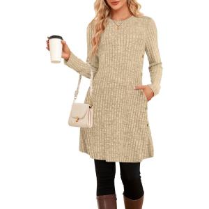 Robe Pull d&rsquo;hiver à Manches Longues pour Femme Tunique boutonnée avec Poches(Beige)