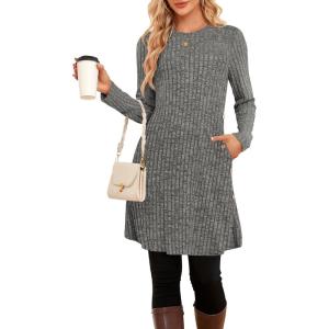 Robe Pull d&rsquo;hiver à Manches Longues pour Femme Tunique boutonnée avec Poches(Gris Noir)