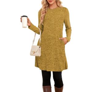 Robe Pull d&rsquo;hiver à Manches Longues pour Femme Tunique boutonnée avec Poches(Jaune)