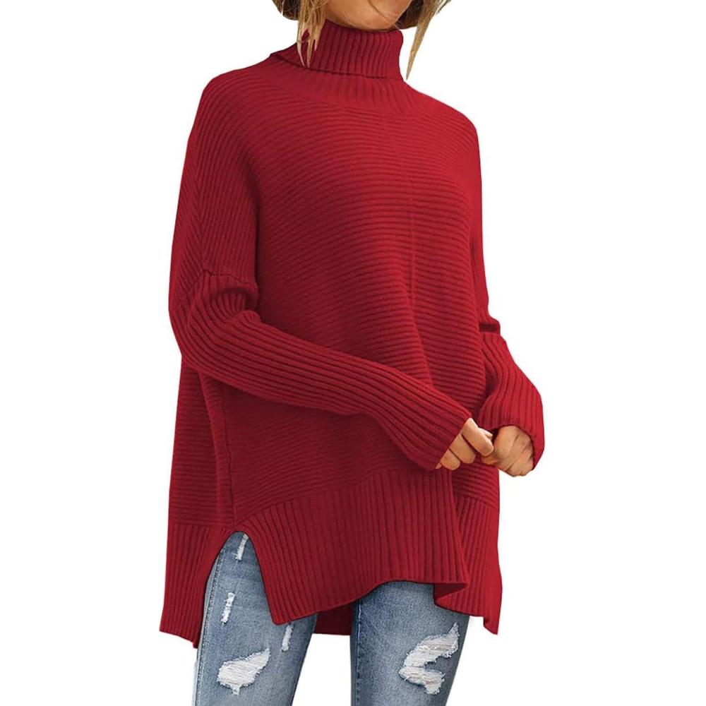 image:imagePull col bnitier pour femme Pull long pour femme Couleur unie Col roul Manches longues Tricot confortableRouge